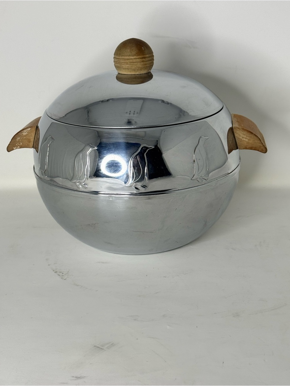 Vintage Chrome Penguin Ice Bucket with Wood Handles preowned